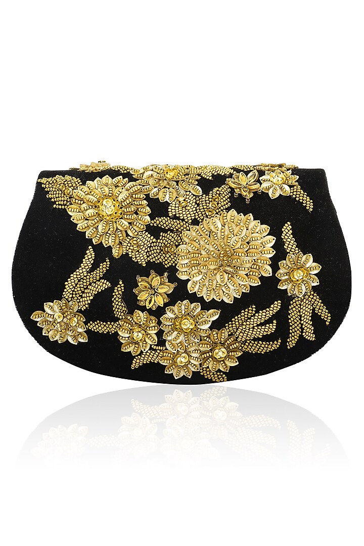 Black sequins and cutdana magnetic flap over clutch by Inayat