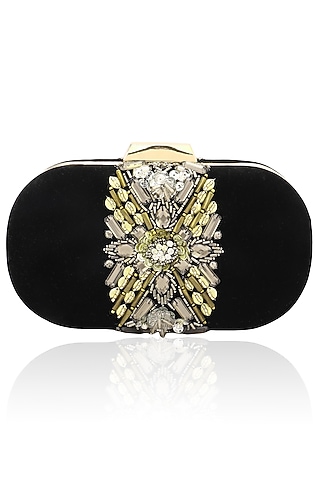 Black sequin and bead velvet box clutch by Inayat
