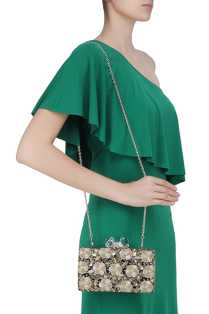 Inayat presents Black floral beads and zardozi work box clutch available only at Pernia's Pop Up Shop.