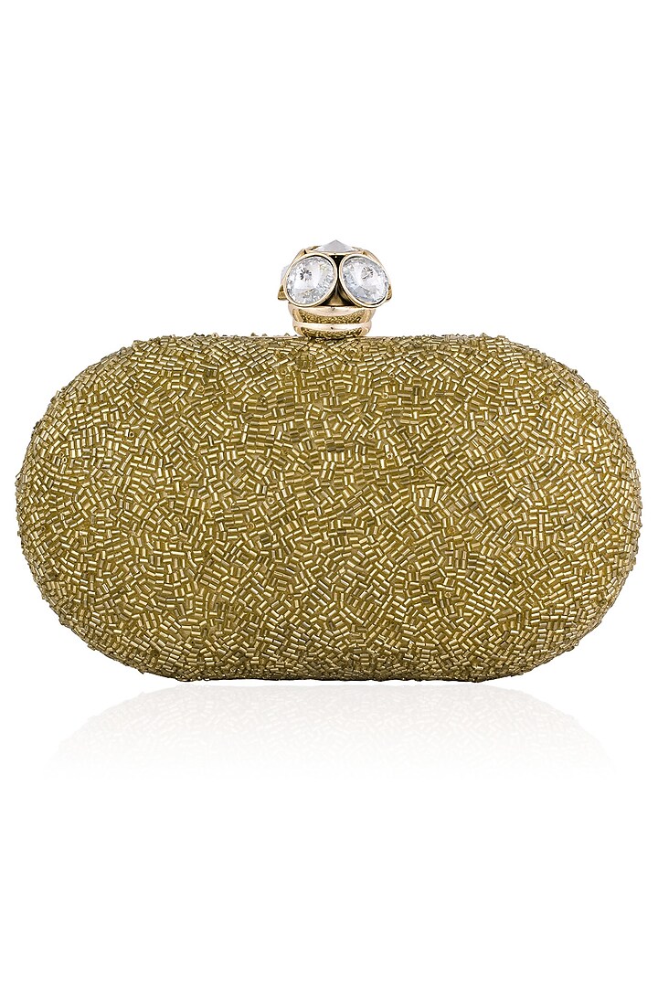 Gold Cutdana Embroidered Oval Box Clutch by Inayat