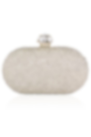 Inayat presents Ivory and gold cutdana embroidered oval box clutch available only at Pernia's Pop Up Shop.