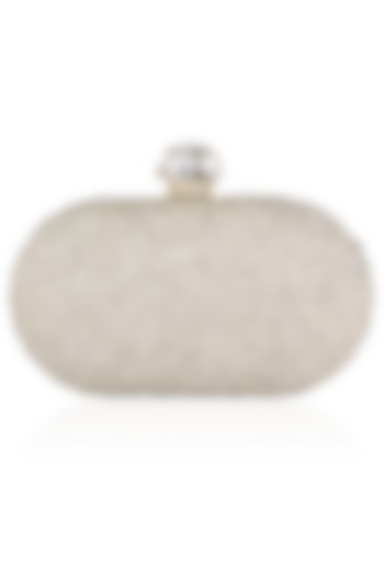 Ivory and Gold Cutdana Embroidered Oval Box Clutch by Inayat