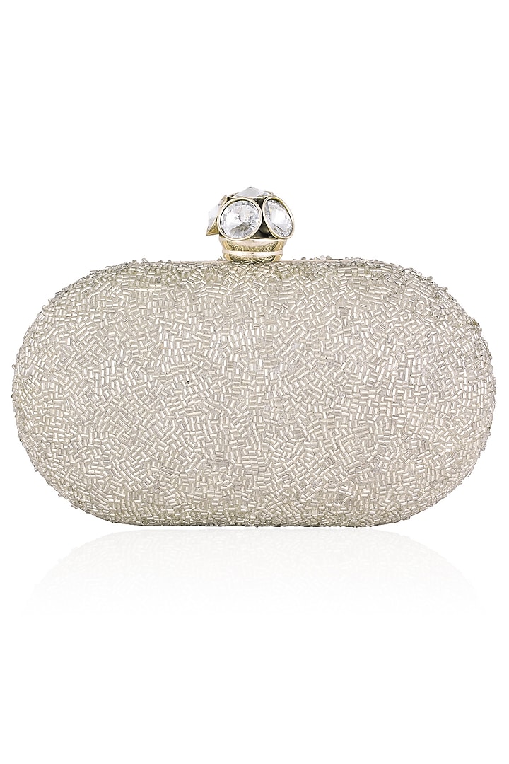 Ivory and Gold Cutdana Embroidered Oval Box Clutch by Inayat