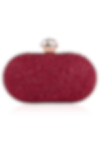 Red Bubble Stones Oval Box Clutch by Inayat