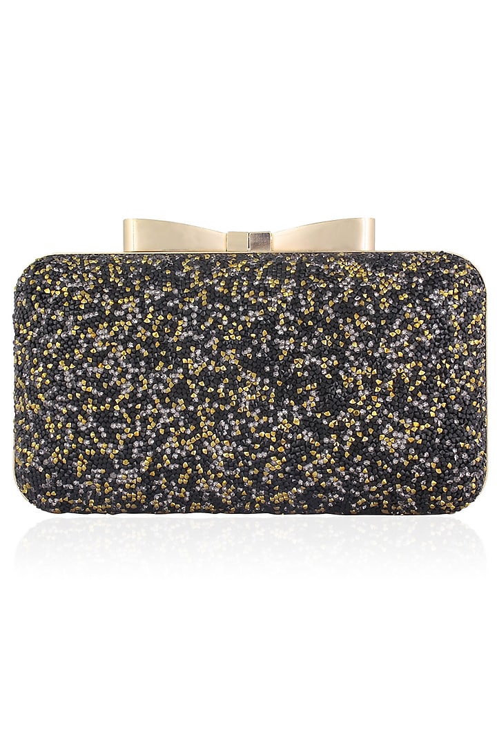 Black and Gold Glitter Stones Box Clutch by Inayat