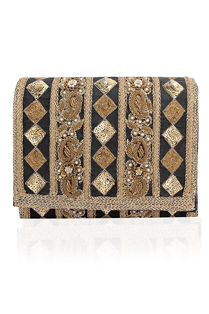 Midnight Blue and Antique Gold Embroidered Flapover Clutch by Inayat
