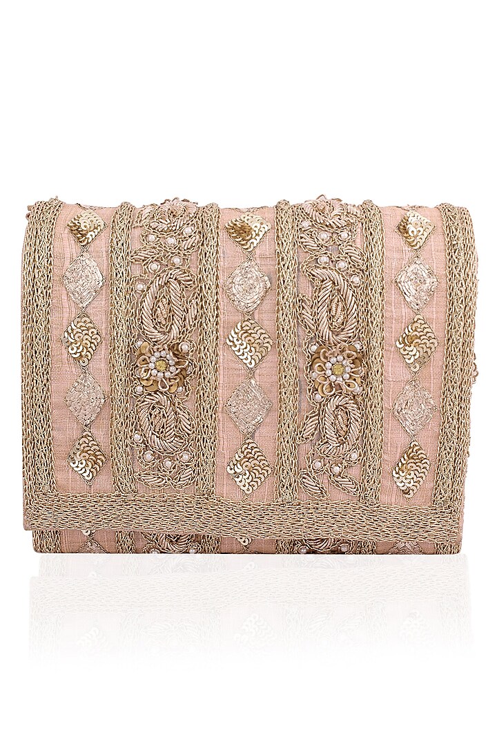 Blush Peach and Gold Embroidered Flapover Clutch by Inayat