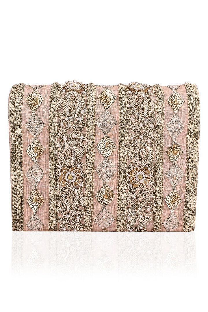 Inayat presents Blush peach and gold embroidered flapover clutch available only at Pernia's Pop Up Shop.
