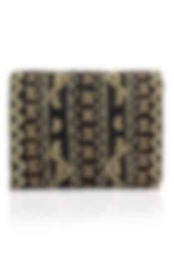 Black and Gold Zigzag Embroidered Flapover Clutch by Inayat