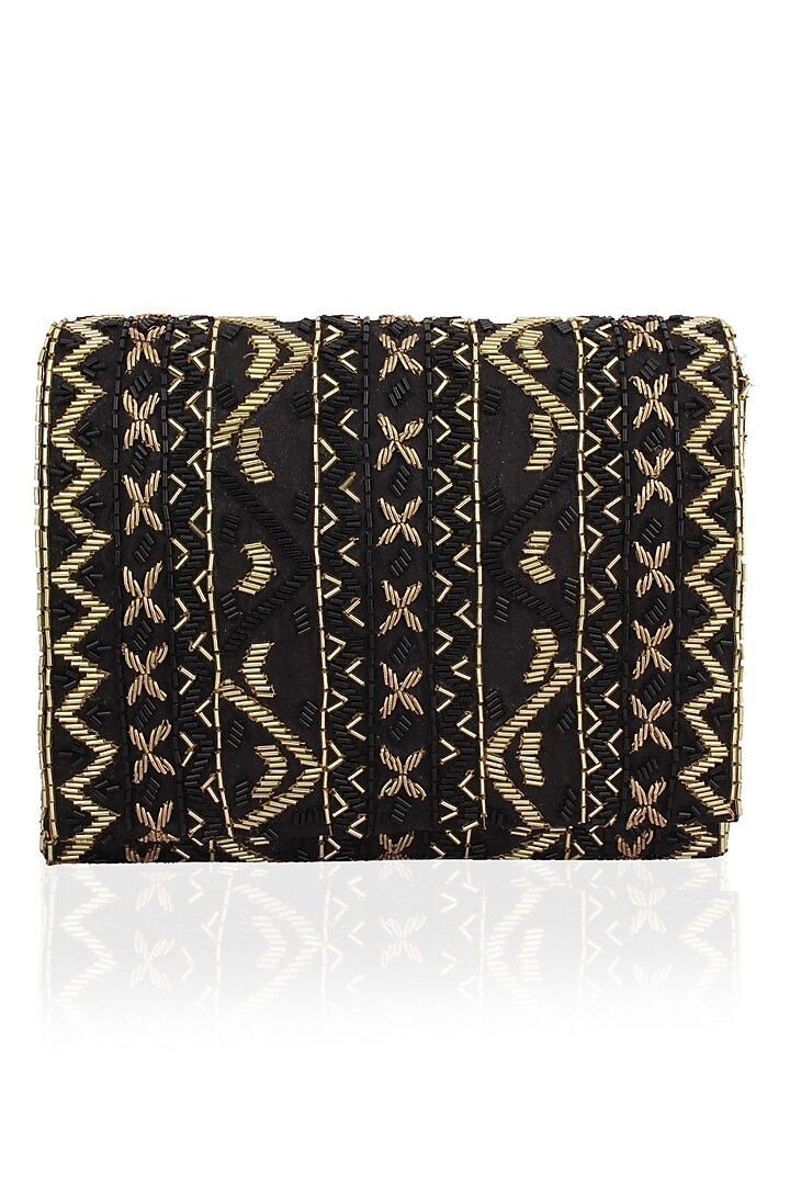 Black and Gold Zigzag Embroidered Flapover Clutch by Inayat