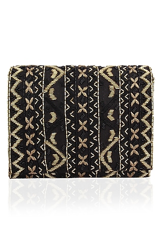 Black and Gold Zigzag Embroidered Flapover Clutch by Inayat