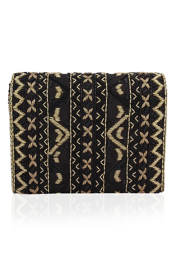 Inayat presents Black and gold zigzag embroidered flapover clutch available only at Pernia's Pop Up Shop.