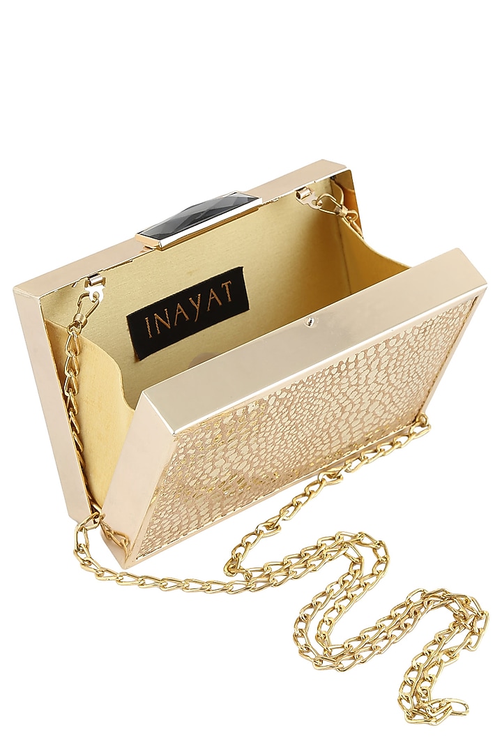 Inayat presents Beige and gold leather patch work box clutch available only at Pernia's Pop Up Shop.