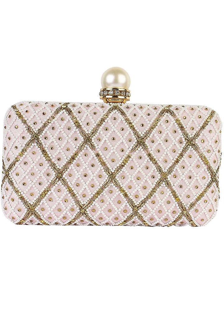 Soft pink pearl and zardozi embroidered jaal pattern box clutch available only at Pernia's Pop Up Shop.
