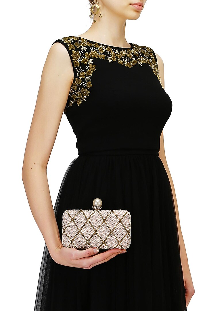 Soft pink pearl and zardozi embroidered jaal pattern box clutch available only at Pernia's Pop Up Shop.