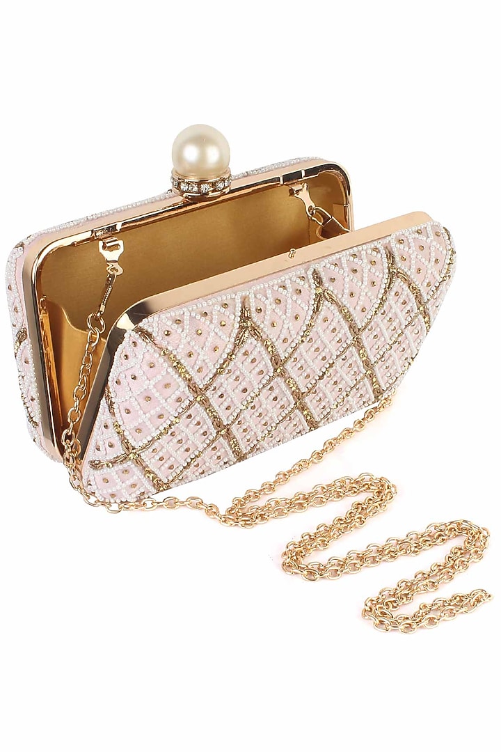 Soft pink pearl and zardozi embroidered jaal pattern box clutch available only at Pernia's Pop Up Shop.