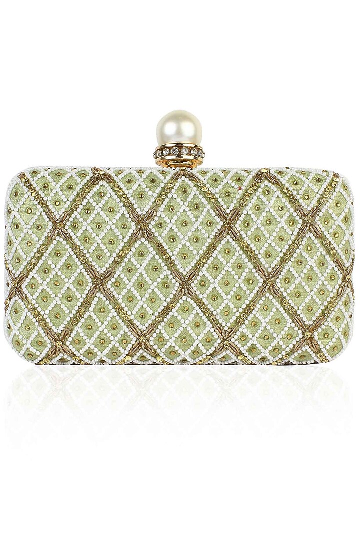 Sea green pearl and zardozi embroidered jaal pattern box clutch available only at Pernia's Pop Up Shop.