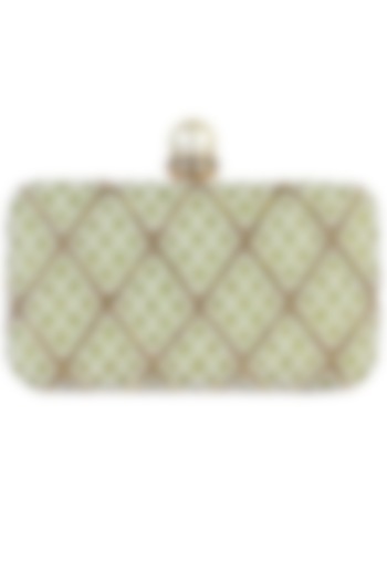 Sea green pearl and zardozi embroidered jaal pattern box clutch by Inayat