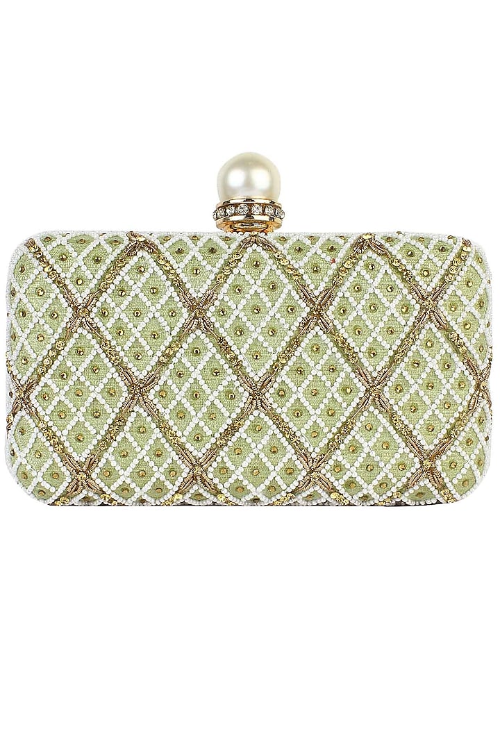 Sea green pearl and zardozi embroidered jaal pattern box clutch ...