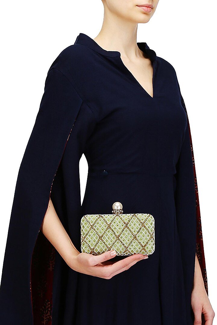 Sea green pearl and zardozi embroidered jaal pattern box clutch available only at Pernia's Pop Up Shop.