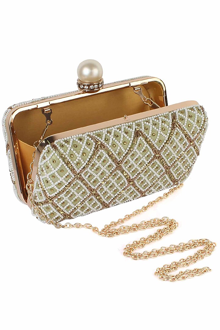 Sea green pearl and zardozi embroidered jaal pattern box clutch available only at Pernia's Pop Up Shop.
