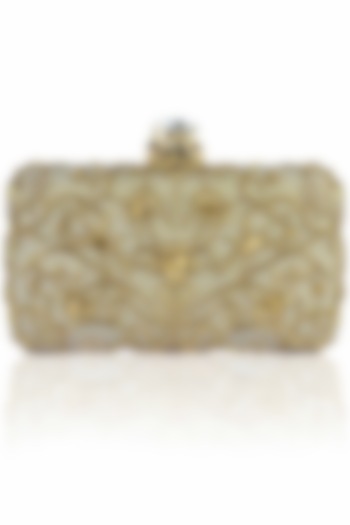 Grey and gold floral zardozi embroidered box clutch by Inayat