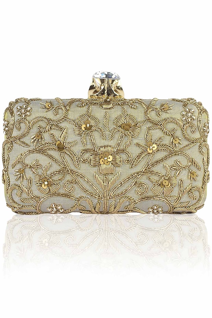 Grey and gold floral zardozi embroidered box clutch by Inayat