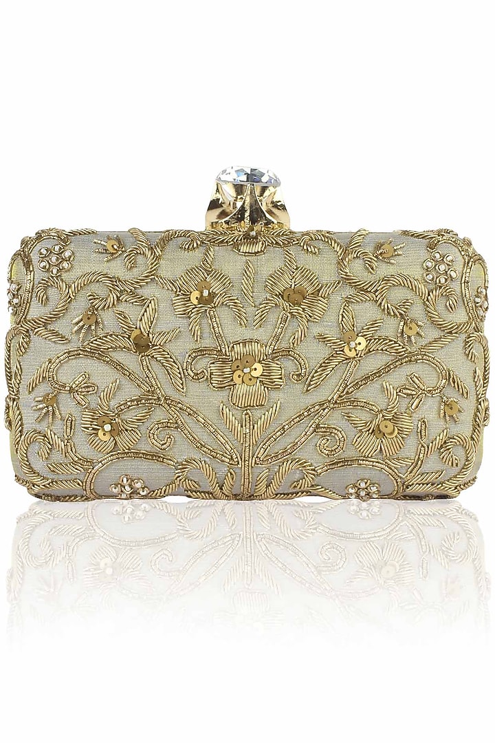Grey and gold floral zardozi embroidered box clutch available only at Pernia's Pop Up Shop.