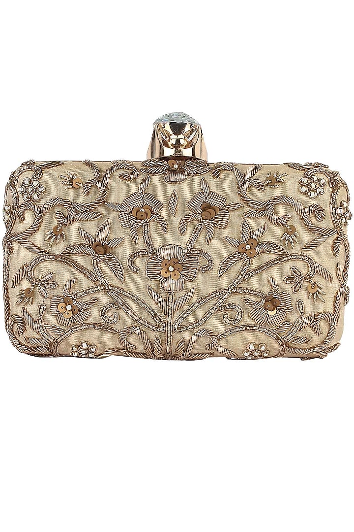 Gold floral zardozi embroidered box clutch by Inayat