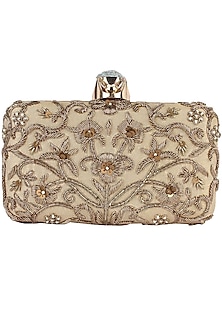 Gold floral zardozi embroidered box clutch available only at Pernia's ...