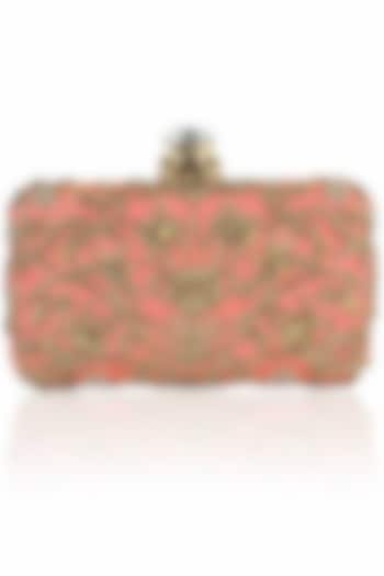 Pink and gold floral zardozi embroidered box clutch by Inayat