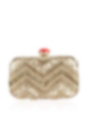 Off white and gold zigzag pattern embroidered box clutch by Inayat