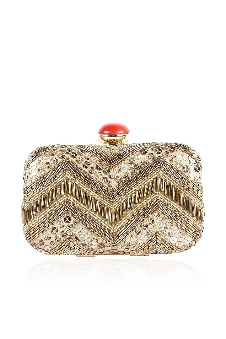 Off white and gold zigzag pattern embroidered box clutch by Inayat