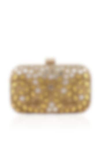 Gold floral gota patti and mirror work box clutch available only at Pernia's Pop Up Shop.