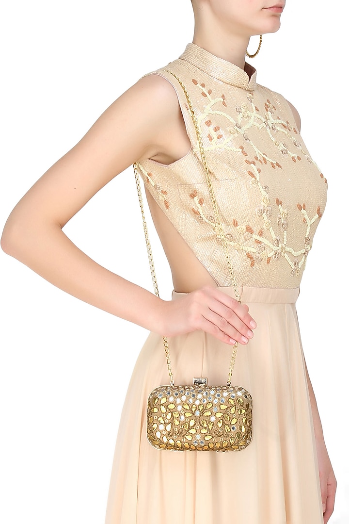 Gold floral gota patti and mirror work box clutch available only at Pernia's Pop Up Shop.
