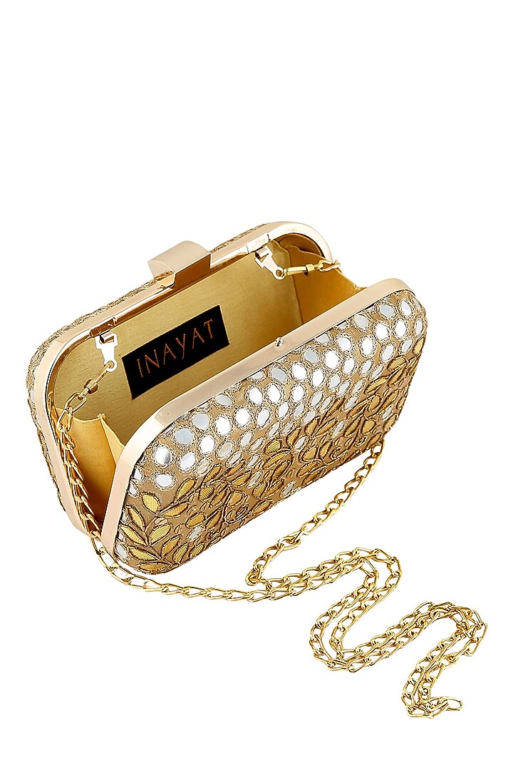 Gold floral gota patti and mirror work box clutch available only at Pernia's Pop Up Shop.