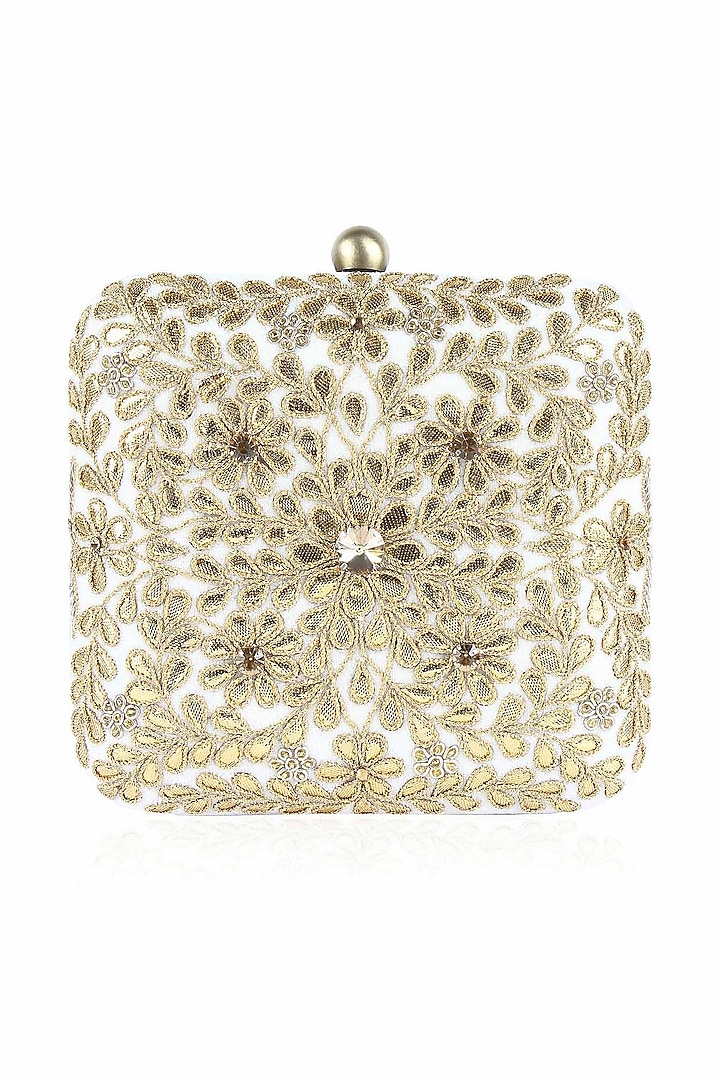 Ivory and gold floral gota patti work square box clutch by Inayat