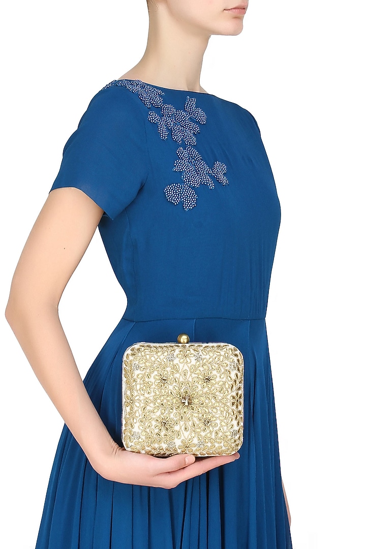 Ivory and gold floral gota patti work square box clutch