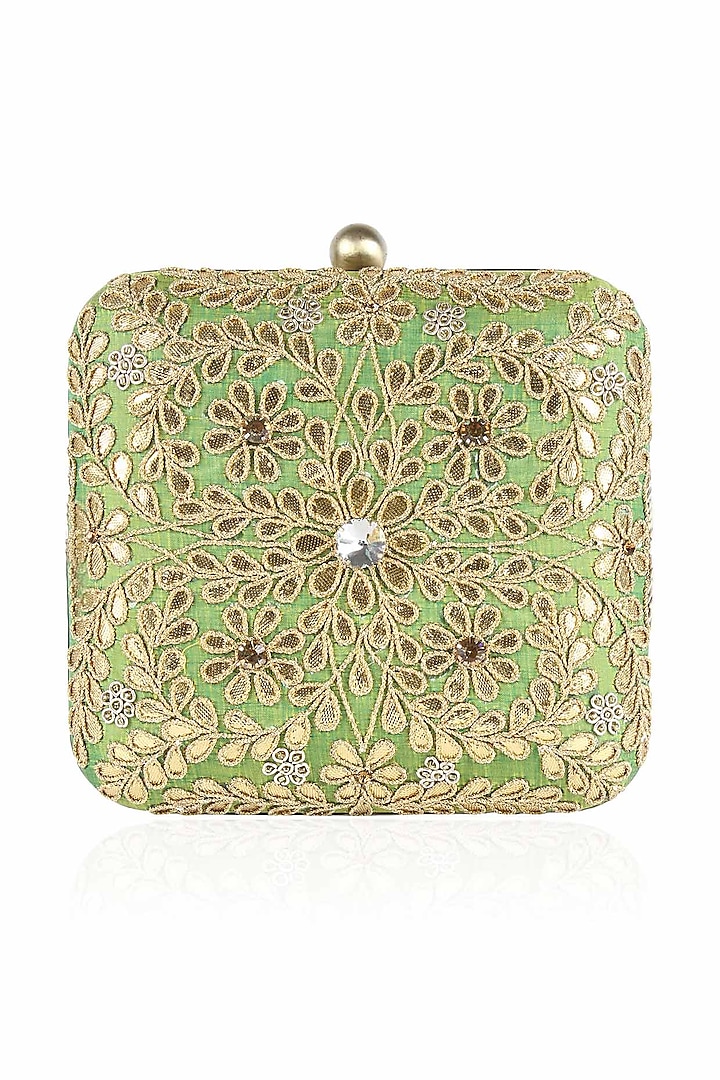 Pink and green floral gota patti work square box clutch by Inayat