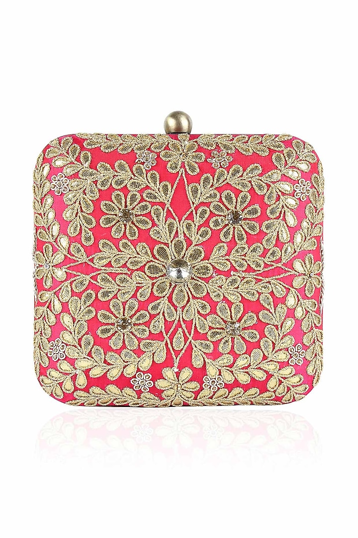 Pink and green floral gota patti work square box clutch available only at Pernia's Pop Up Shop.