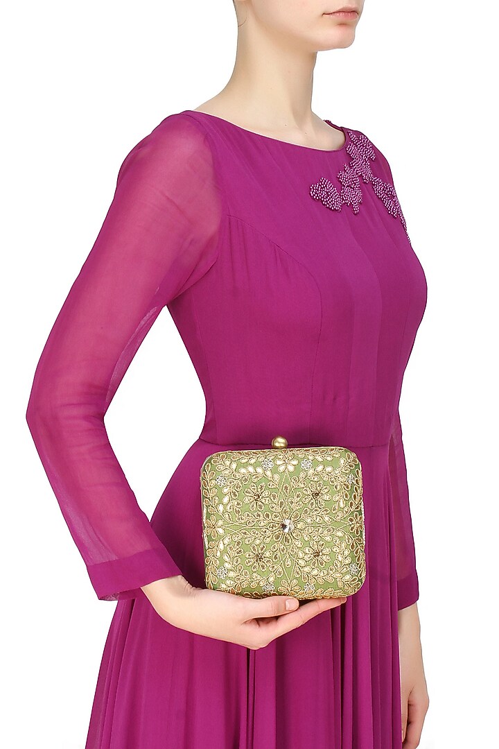 Pink and green floral gota patti work square box clutch available only at Pernia's Pop Up Shop.