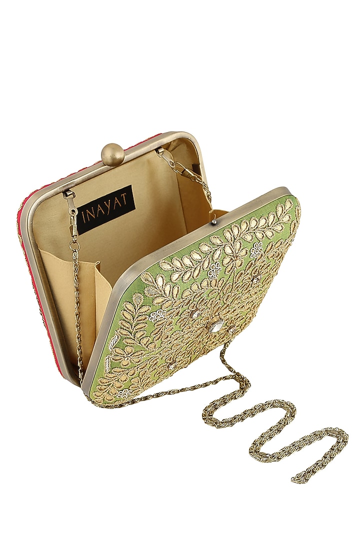 Pink and green floral gota patti work square box clutch available only at Pernia's Pop Up Shop.