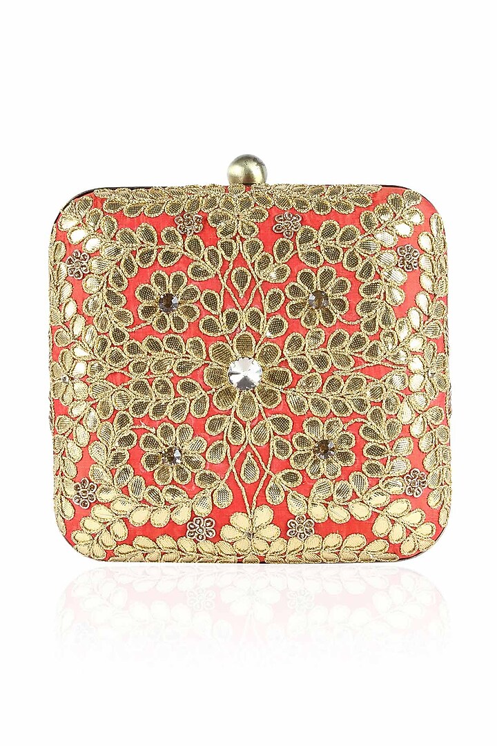 Orange and purple floral gota patti work square box clutch