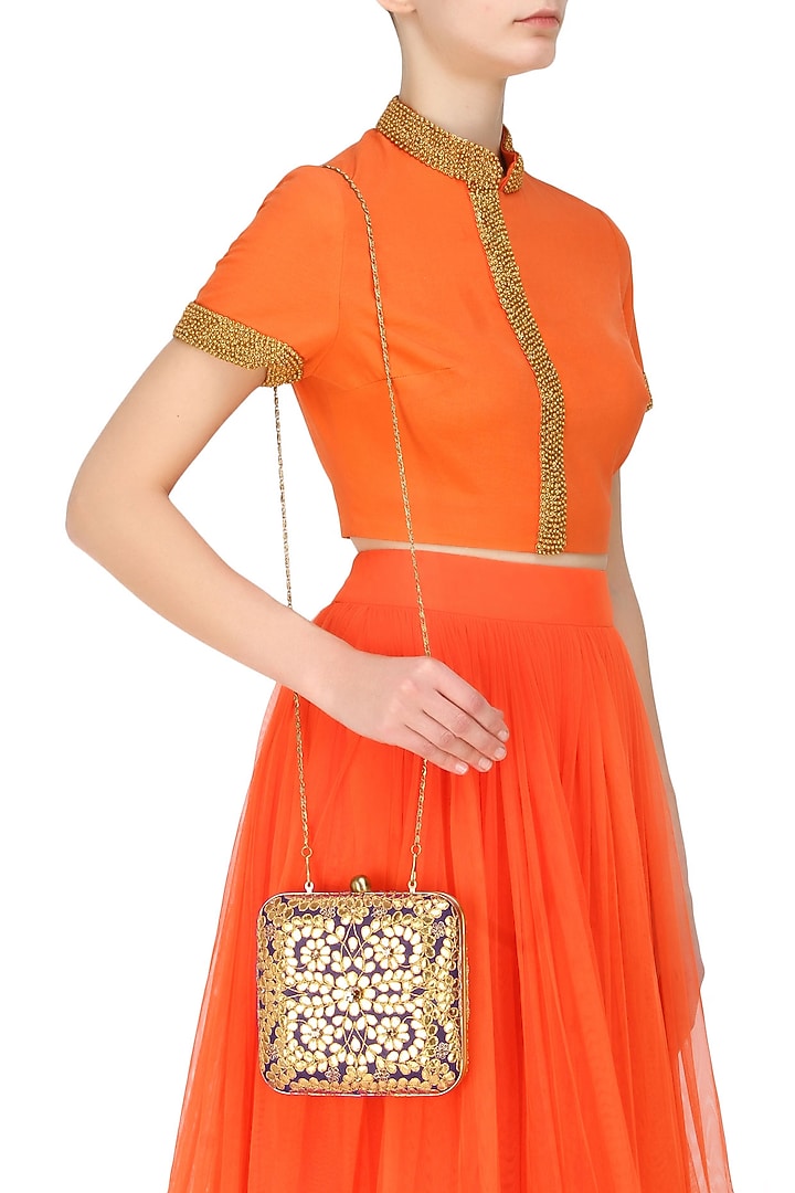 Orange and purple floral gota patti work square box clutch