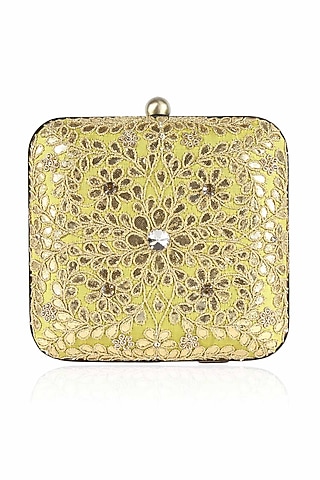 Wine and green floral gota patti work square box clutch by Inayat