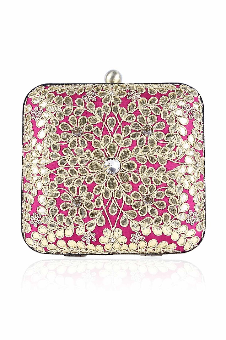 Wine and green floral gota patti work square box clutch available only at Pernia's Pop Up Shop.
