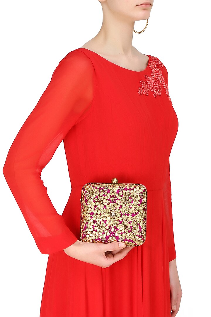 Wine and green floral gota patti work square box clutch available only at Pernia's Pop Up Shop.