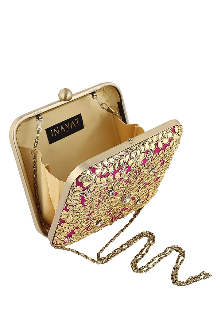 Wine and green floral gota patti work square box clutch available only at Pernia's Pop Up Shop.