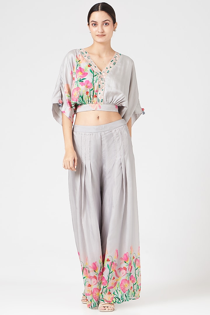 Grey Hand Embellished Palazzo Pant Set by Islie by Priya Jain at Pernia's Pop Up Shop