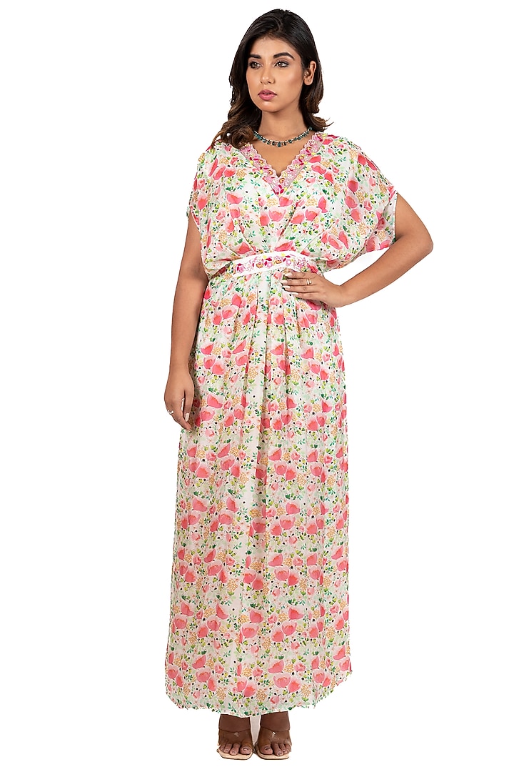 White Printed & Embroidered Gathered Vacation Dress by Islie by Priya Jain at Pernia's Pop Up Shop
